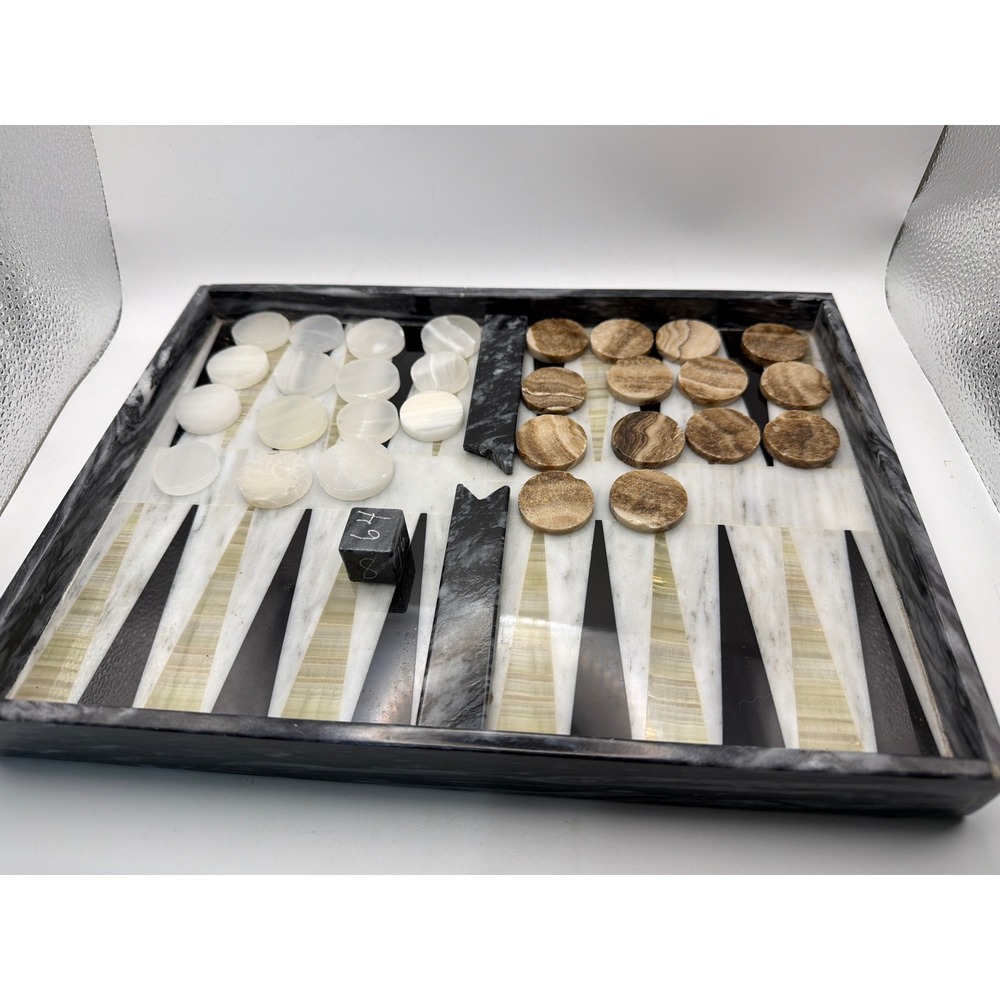 Vintage Marble Onyx Backgammon Set Natural Stone Board Game Black White Brown